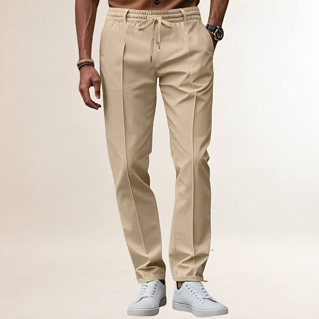 Pants for Men - Elastic Waist with Adjustable Drawstring and Crease Line
