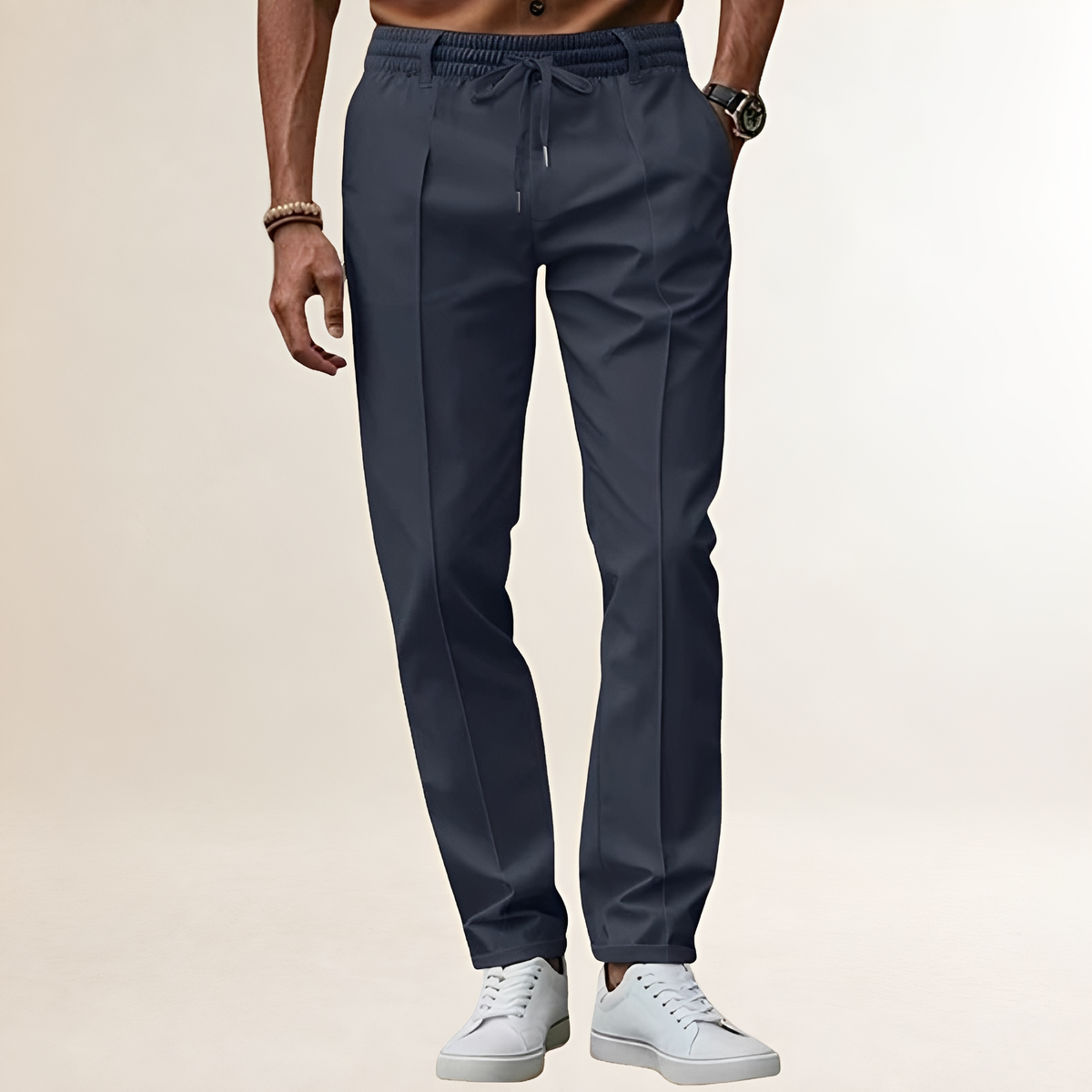 Pants for Men - Elastic Waist with Adjustable Drawstring and Crease Line
