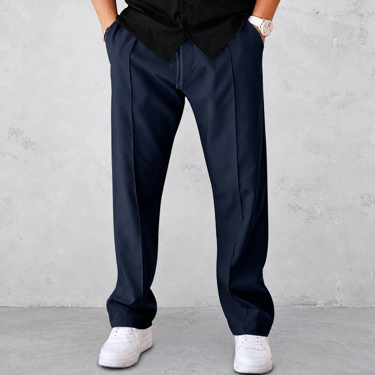 Pants for Men - Pleated Design with Elastic Waist and Side Pockets