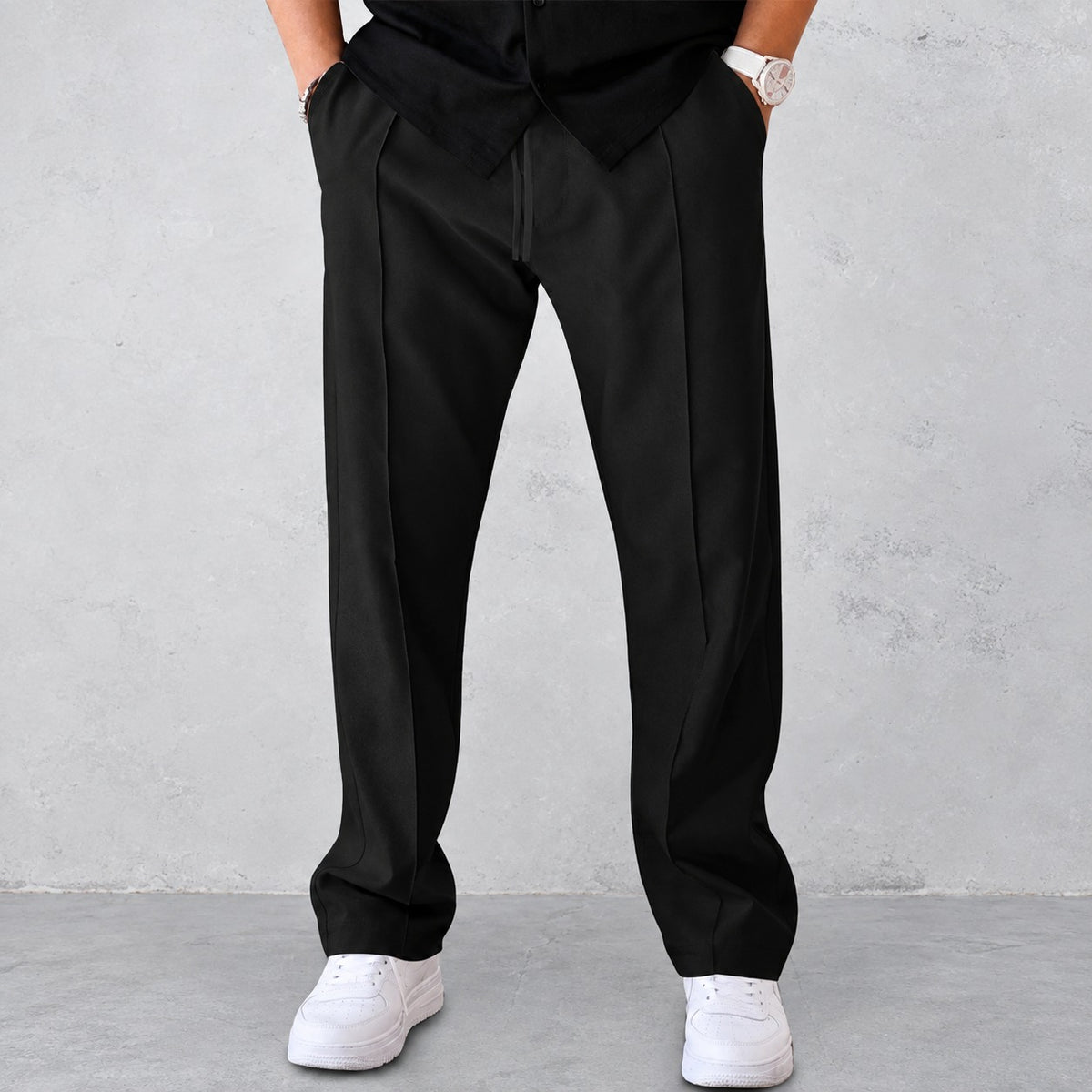Pants for Men - Pleated Design with Elastic Waist and Side Pockets