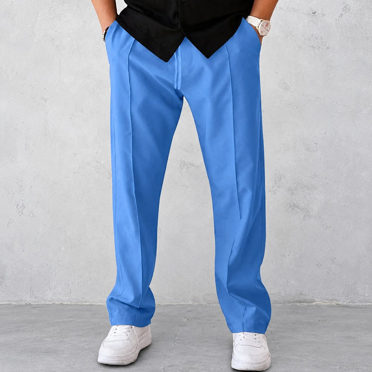 Pants for Men - Pleated Design with Elastic Waist and Side Pockets