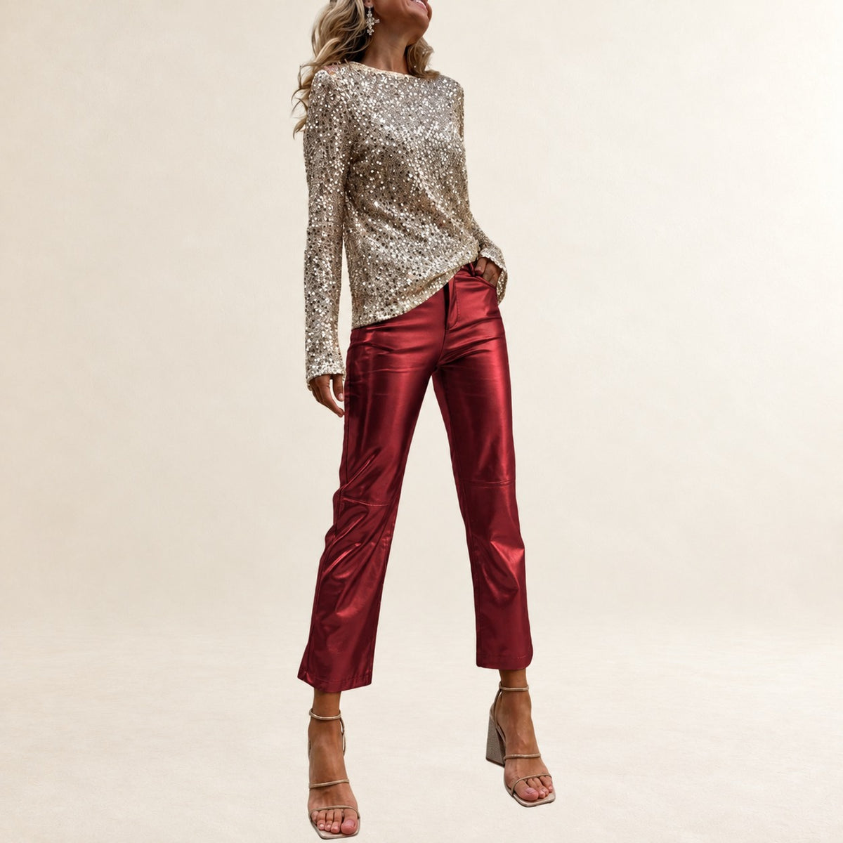 Pants for Women - High-Rise Cropped Straight Leg, Metallic Finish, Four Pockets, Zip Fly