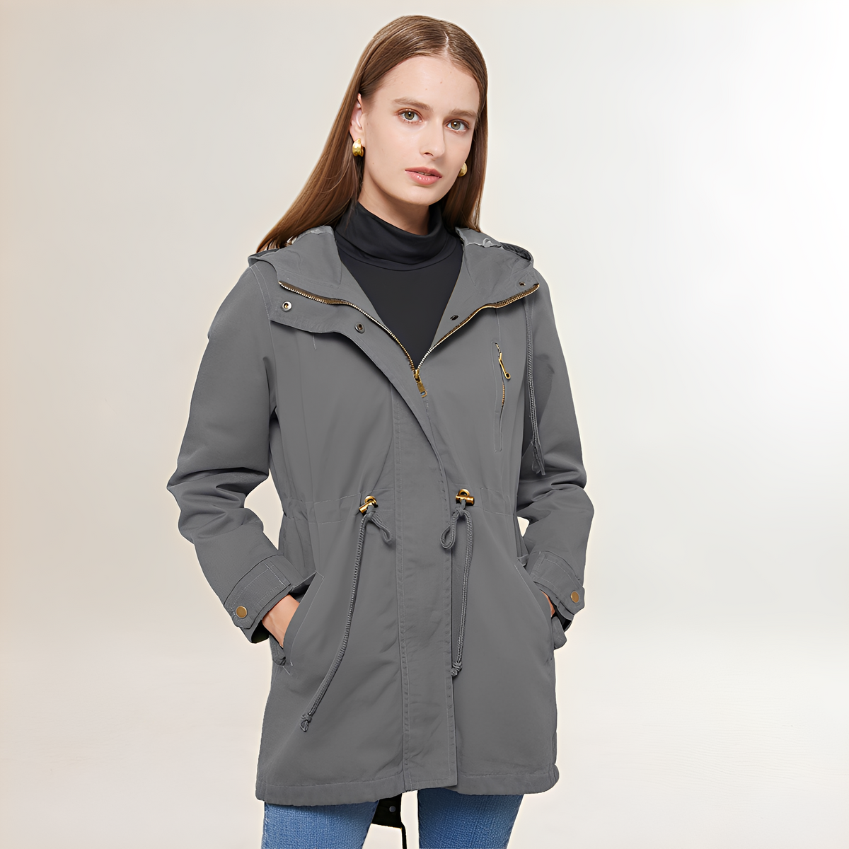 Parka for Women - Hooded, Zipper Closure, Drawstring Waist, Long Sleeve