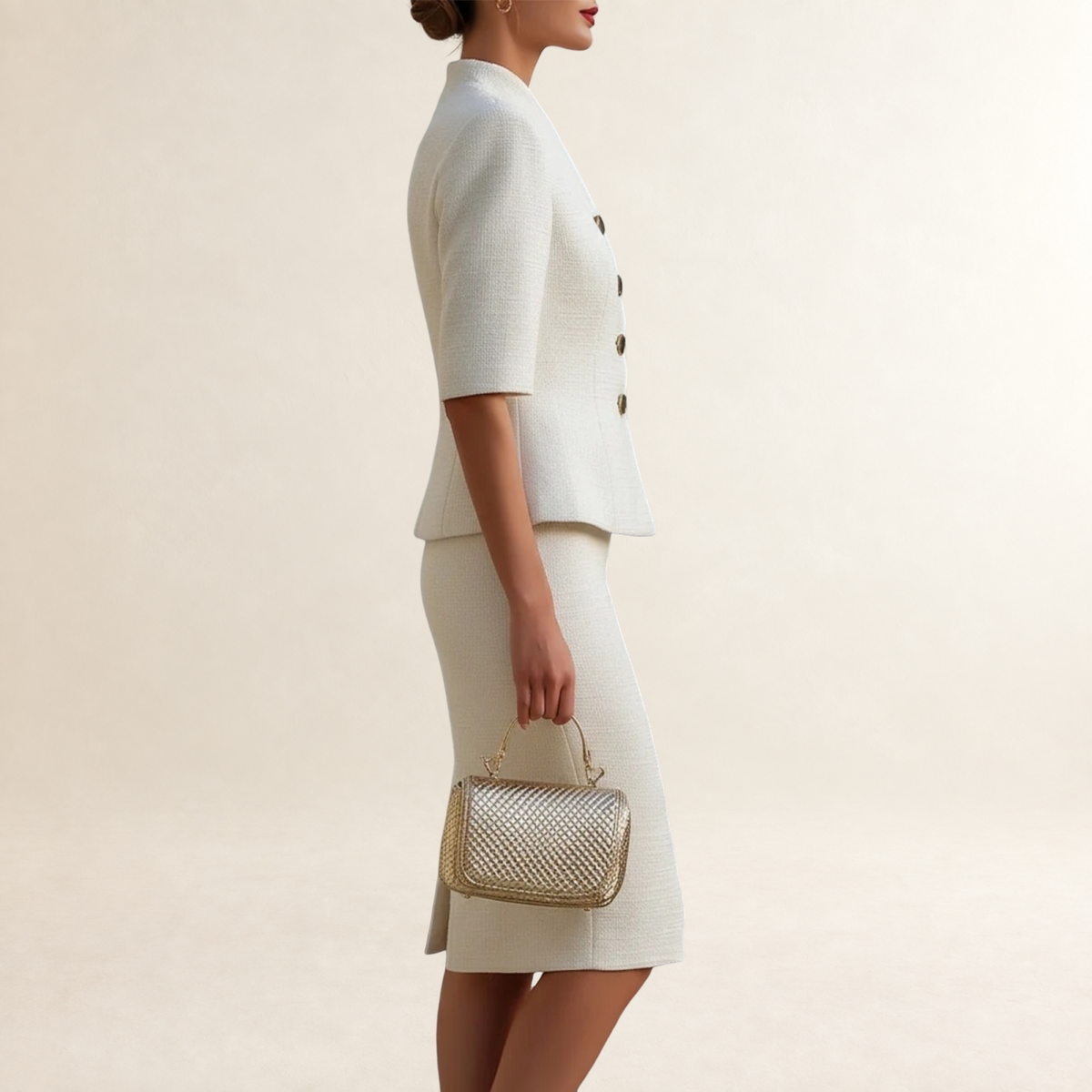 Peplum Blazer and Pencil Skirt Set for Women - Stand Collar, Short Sleeve, Bodycon Fit