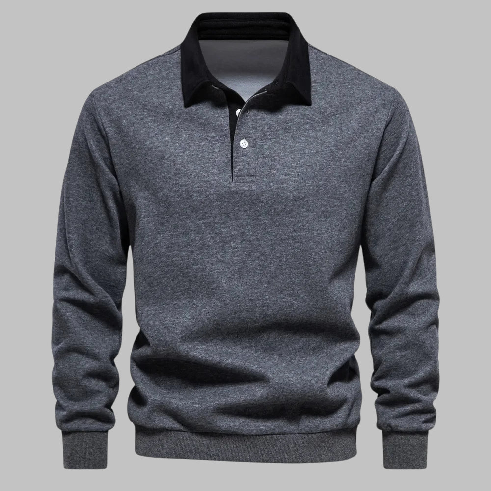 Polo Collar Sweater for Men - Long Sleeve, Button Placket, Relaxed Fit