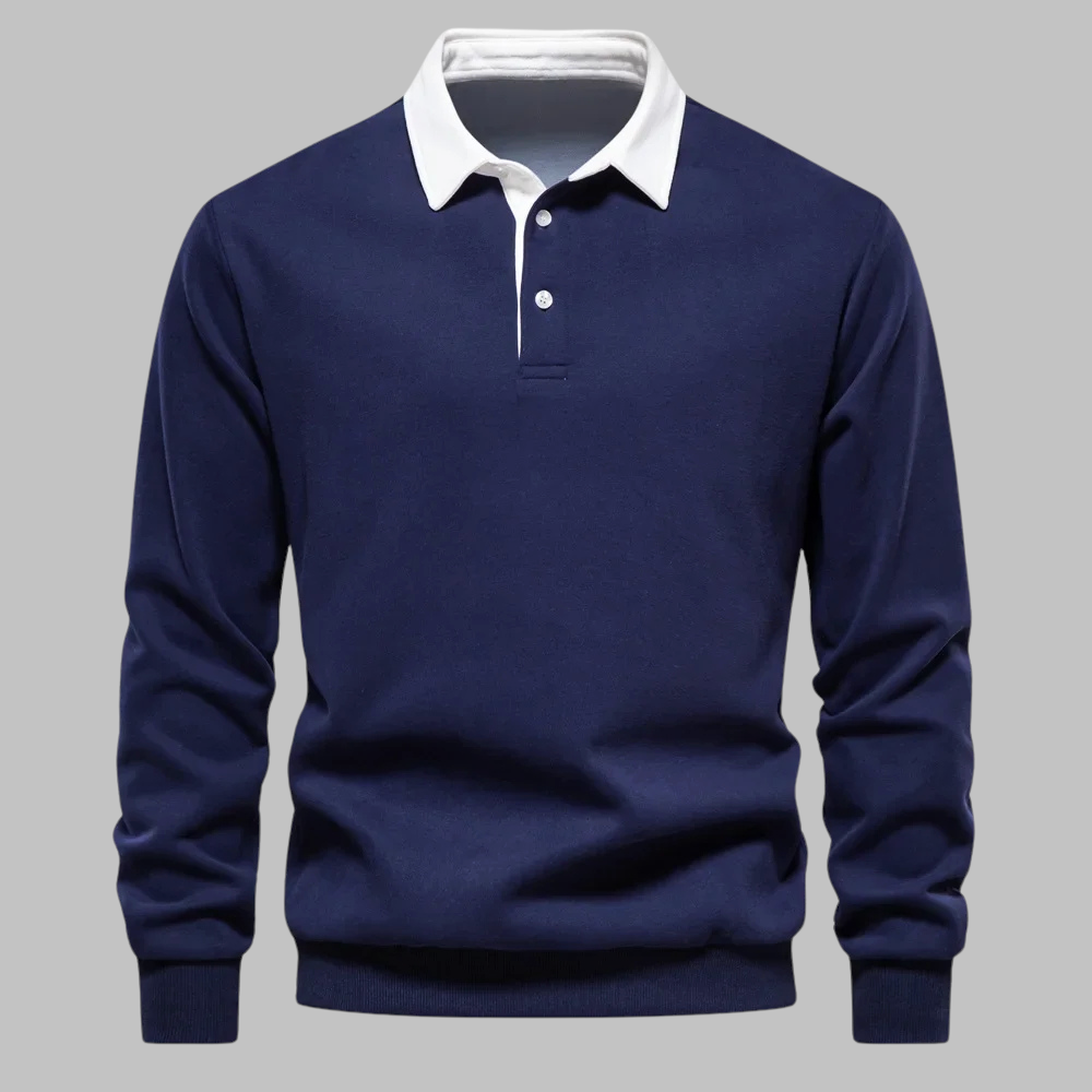 Polo Collar Sweater for Men - Long Sleeve, Button Placket, Relaxed Fit