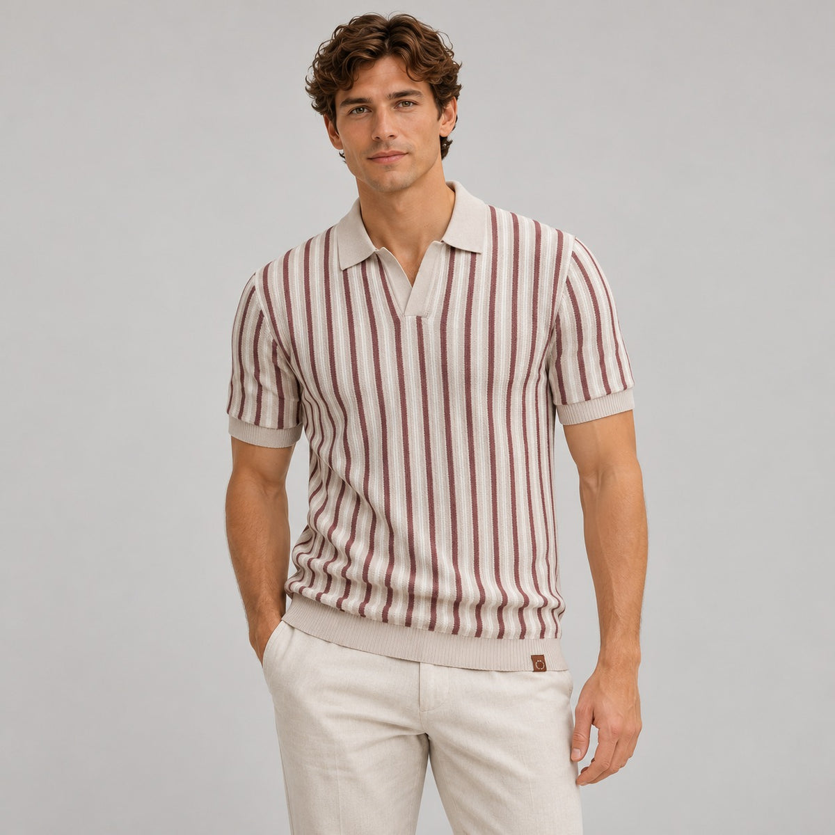 Polo Shirt Men Short Sleeve V-Neck Open Collar Striped Design