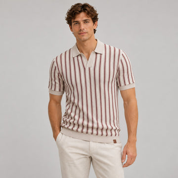 Polo Shirt Men Short Sleeve V-Neck Open Collar Striped Design