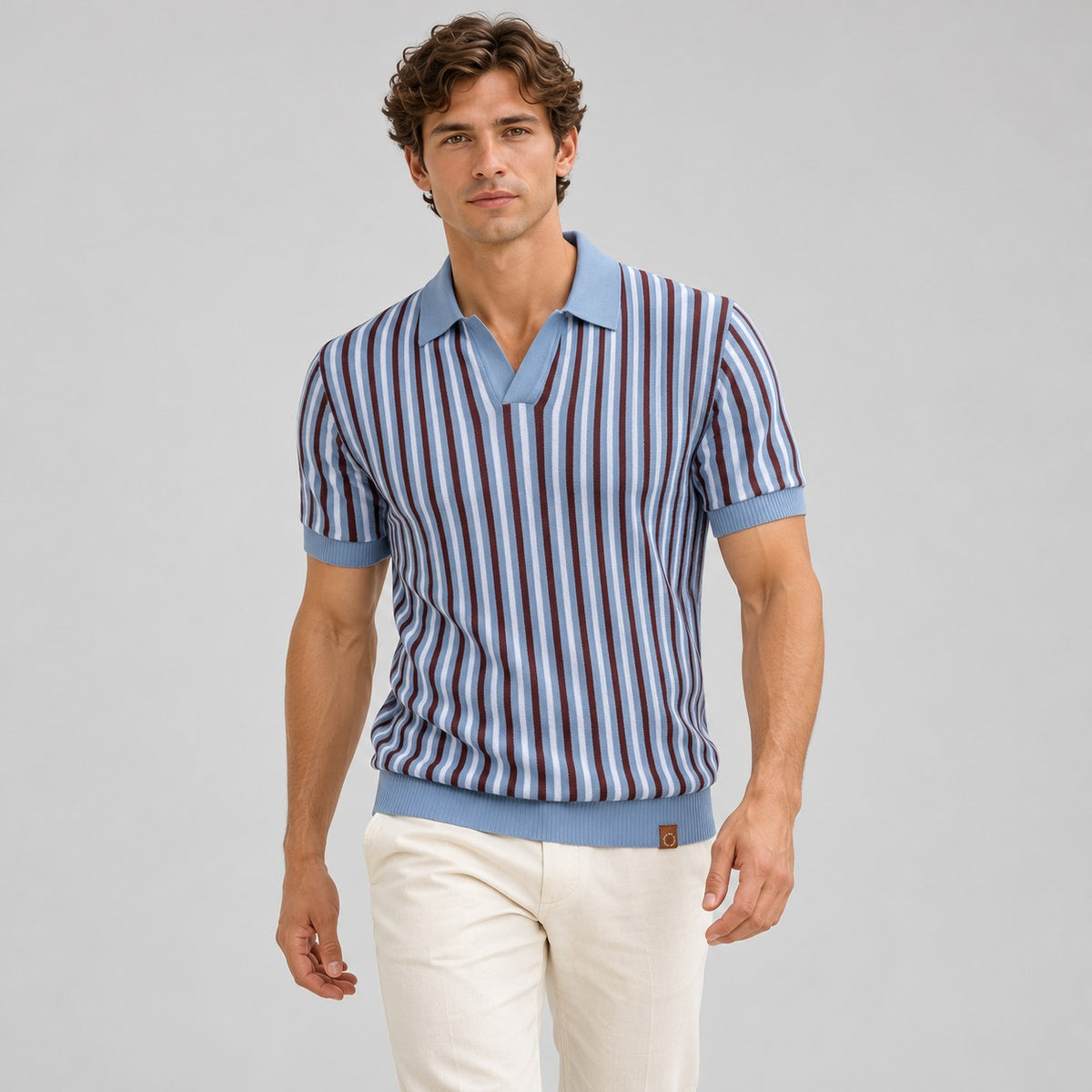 Polo Shirt Men Short Sleeve V-Neck Open Collar Striped Design