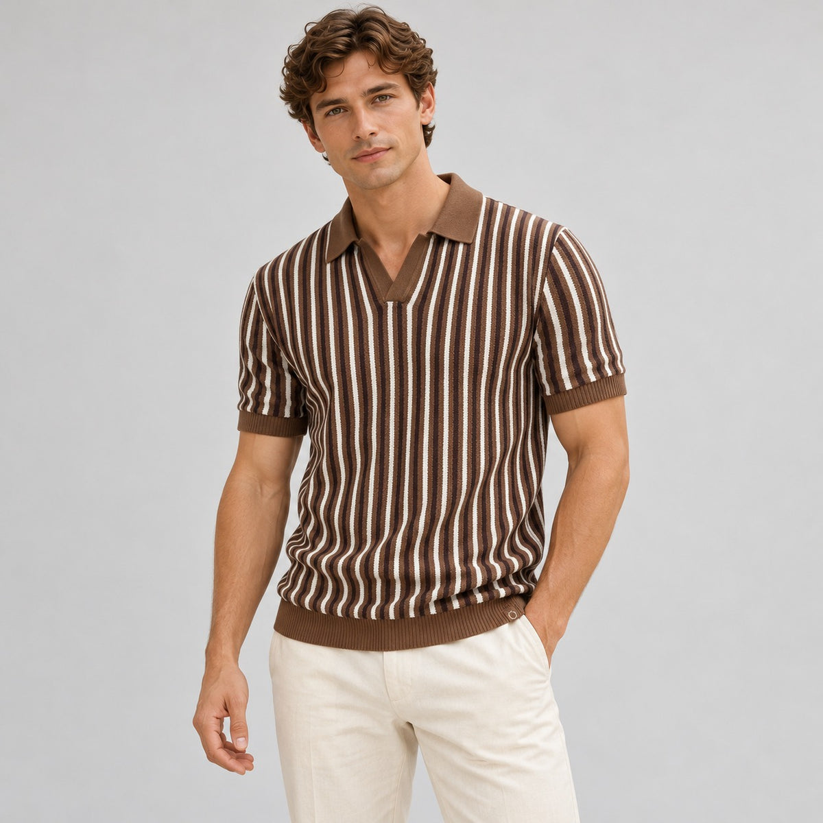 Polo Shirt Men Short Sleeve V-Neck Open Collar Striped Design
