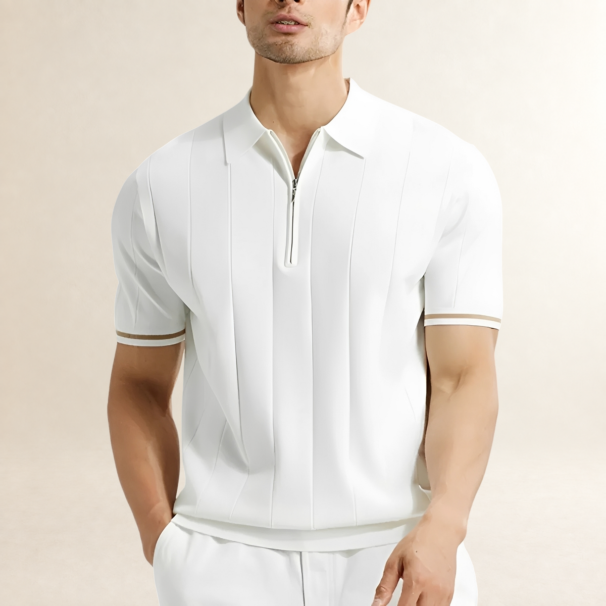 Polo Shirt Men Short Sleeve Zip-Up with Vertical Stripes - Tailored Fit