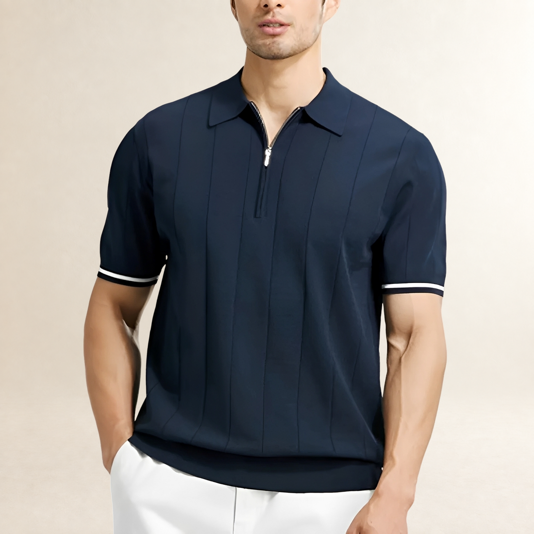 Polo Shirt Men Short Sleeve Zip-Up with Vertical Stripes - Tailored Fit