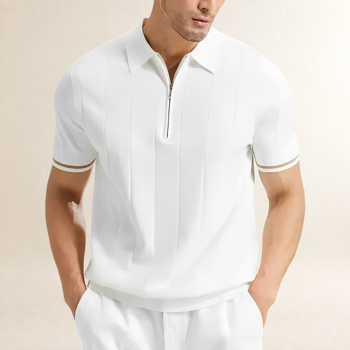Polo Shirt Men Short Sleeve Zip-Up with Vertical Stripes - Tailored Fit