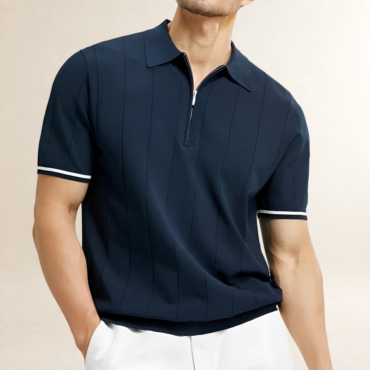 Polo Shirt Men Short Sleeve Zip-Up with Vertical Stripes - Tailored Fit