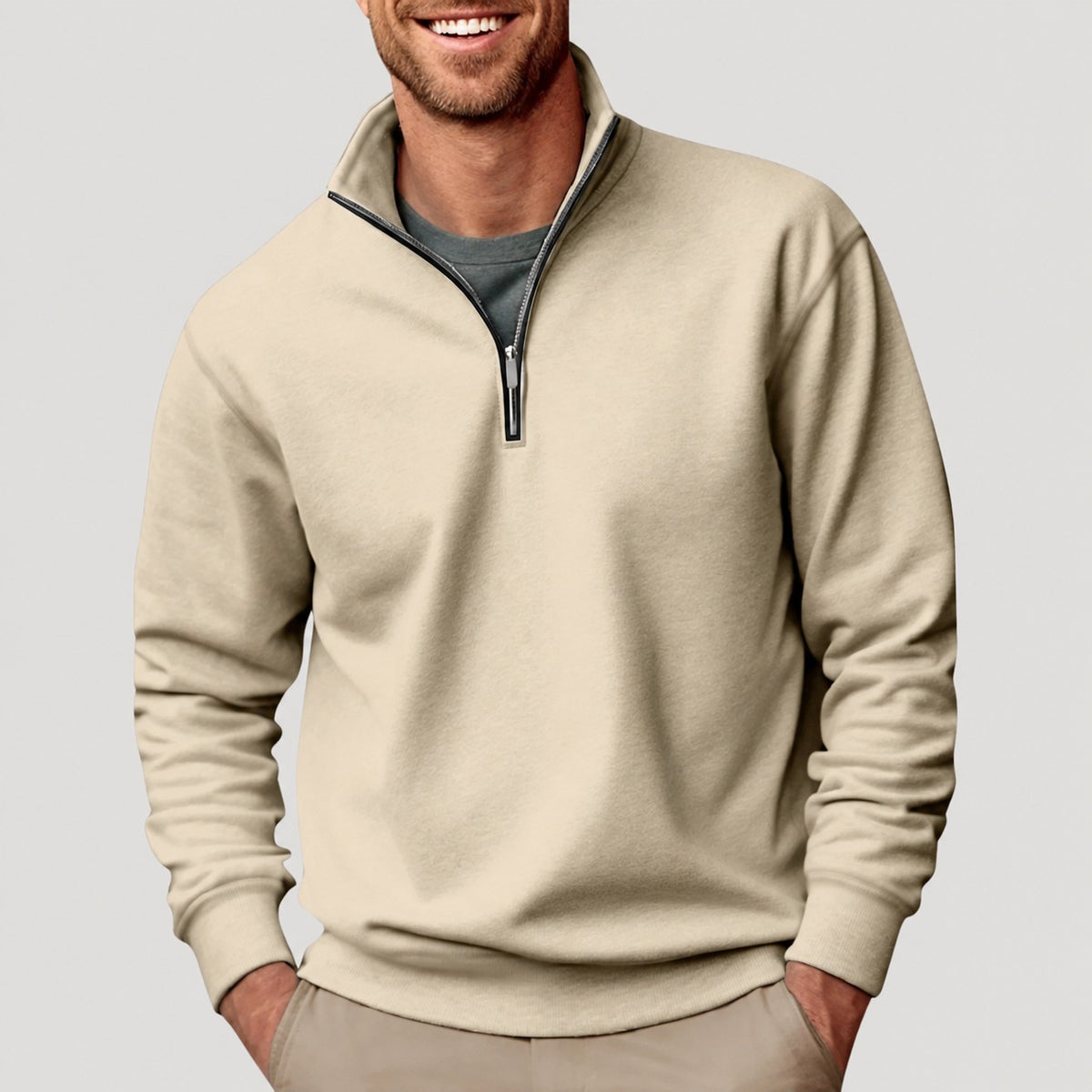 Pullover Men - Quarter Zip, Classic Design, Long Sleeve, Relaxed Fit