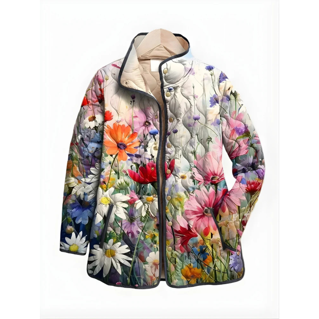Quilted Jacket - Women's Printed Snap-Front with Stand Collar, Hip-Length, Piped Trim & Welt Pockets