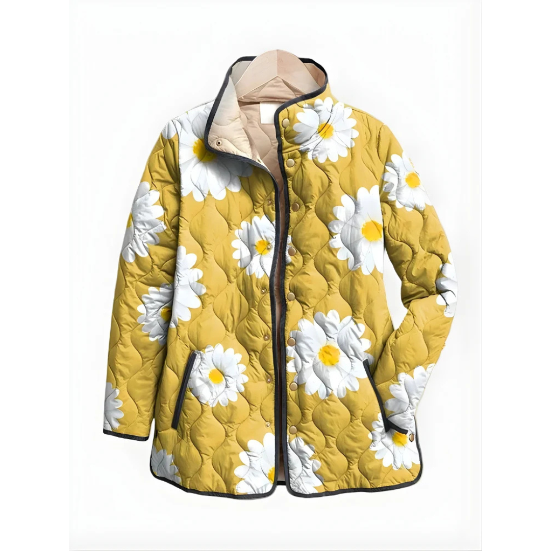 Quilted Jacket - Women's Printed Snap-Front with Stand Collar, Hip-Length, Piped Trim & Welt Pockets