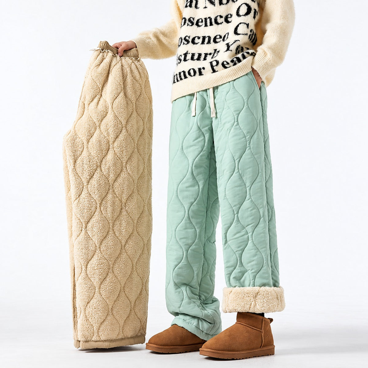 Quilted Wide Leg Pants for Women - Insulated Design with Relaxed Fit