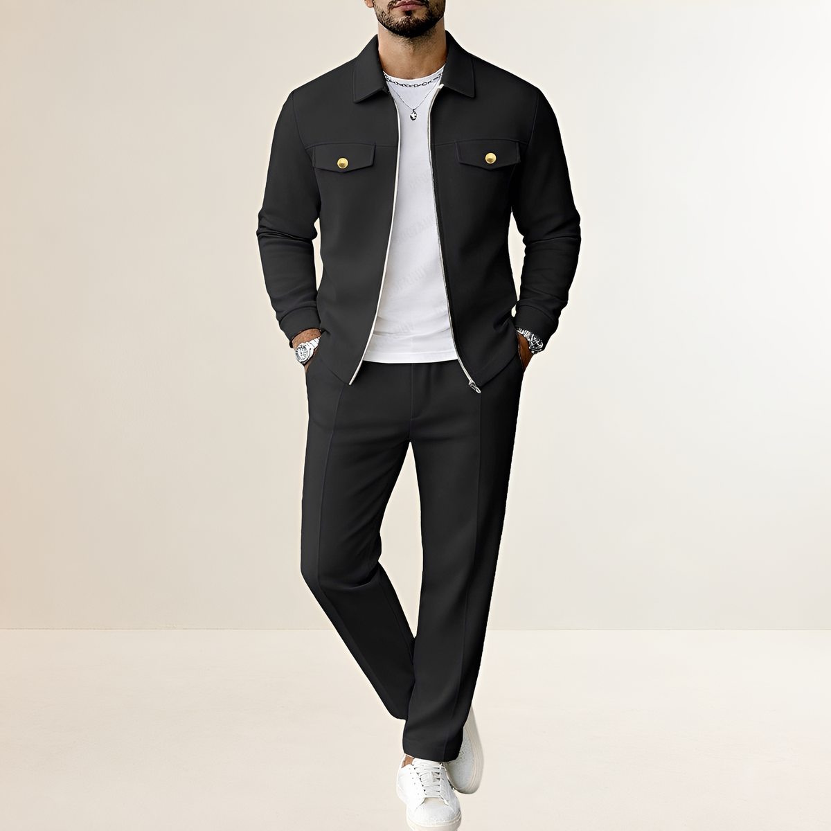 Sets for Men - Zip Closure Jacket with Chest Pockets and Elastic Waist Pants
