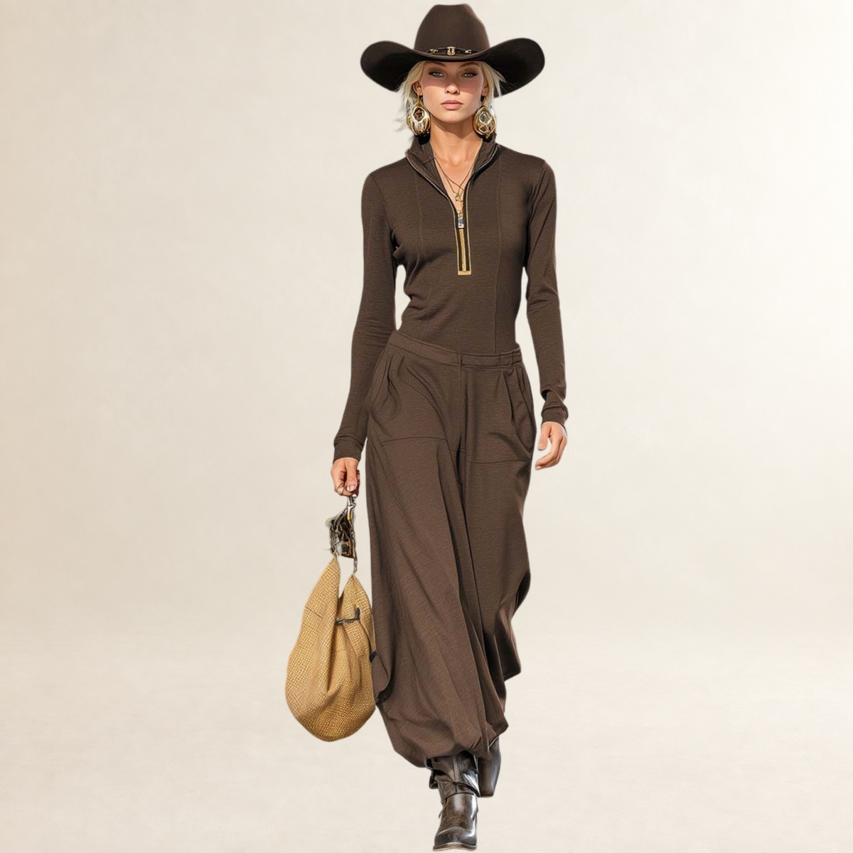 Sets for Women Half-High Collar Long Sleeve Top with Front Zipper and Wide-Leg Pants - Relaxed Fit