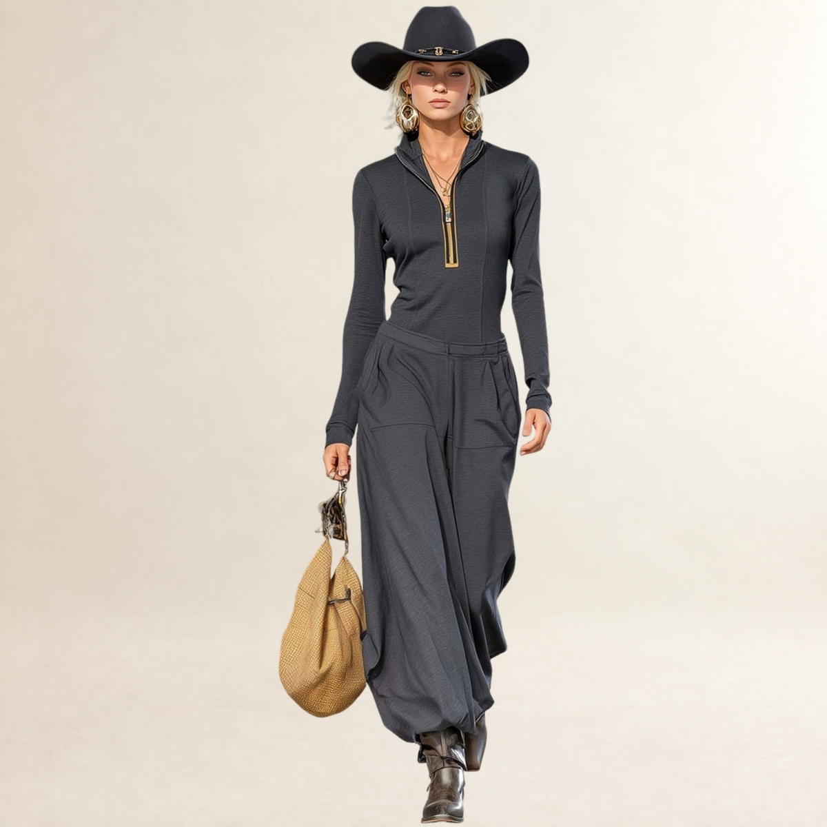 Sets for Women Half-High Collar Long Sleeve Top with Front Zipper and Wide-Leg Pants - Relaxed Fit