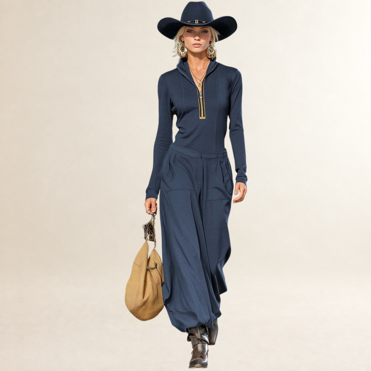 Sets for Women Half-High Collar Long Sleeve Top with Front Zipper and Wide-Leg Pants - Relaxed Fit