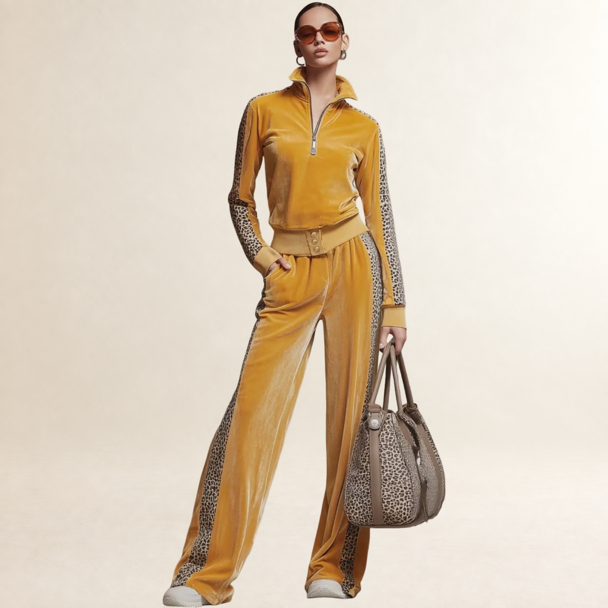 Sets for Women Half-Zip Sweatshirt with Leopard Print Trim Wide-Leg Pants