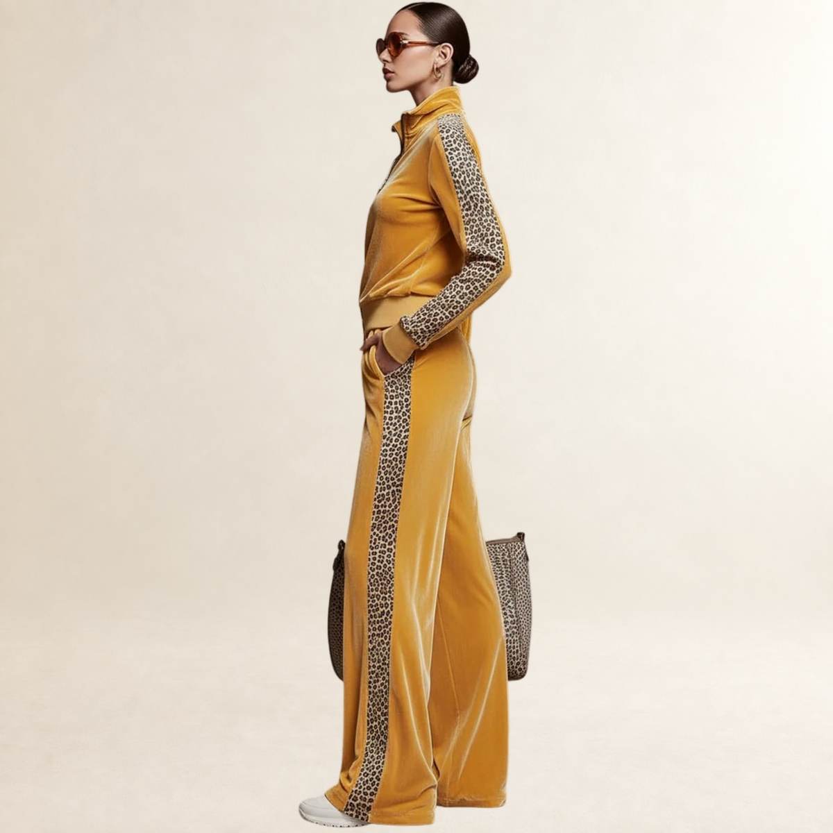 Sets for Women Half-Zip Sweatshirt with Leopard Print Trim Wide-Leg Pants