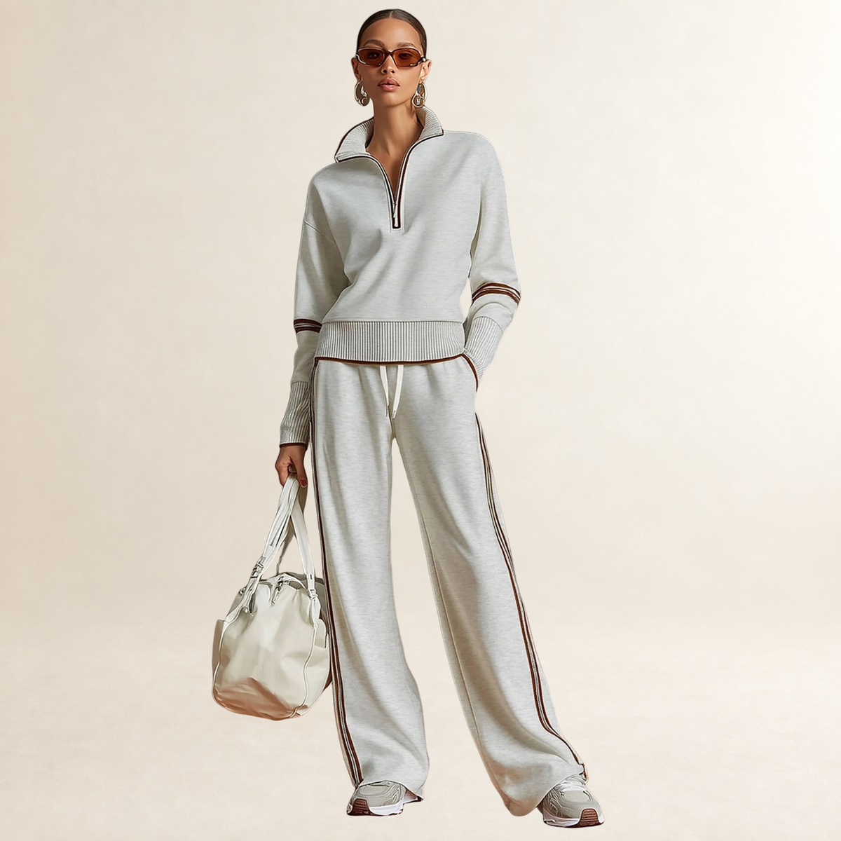 Sets Women Half-Zip Sweatshirt and Wide-Leg Pants - Sporty Striped Design