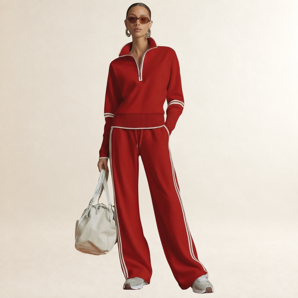 Sets Women Half-Zip Sweatshirt and Wide-Leg Pants - Sporty Striped Design