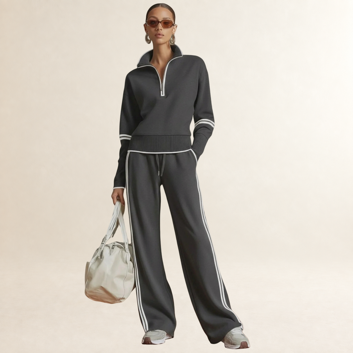 Sets Women Half-Zip Sweatshirt and Wide-Leg Pants - Sporty Striped Design