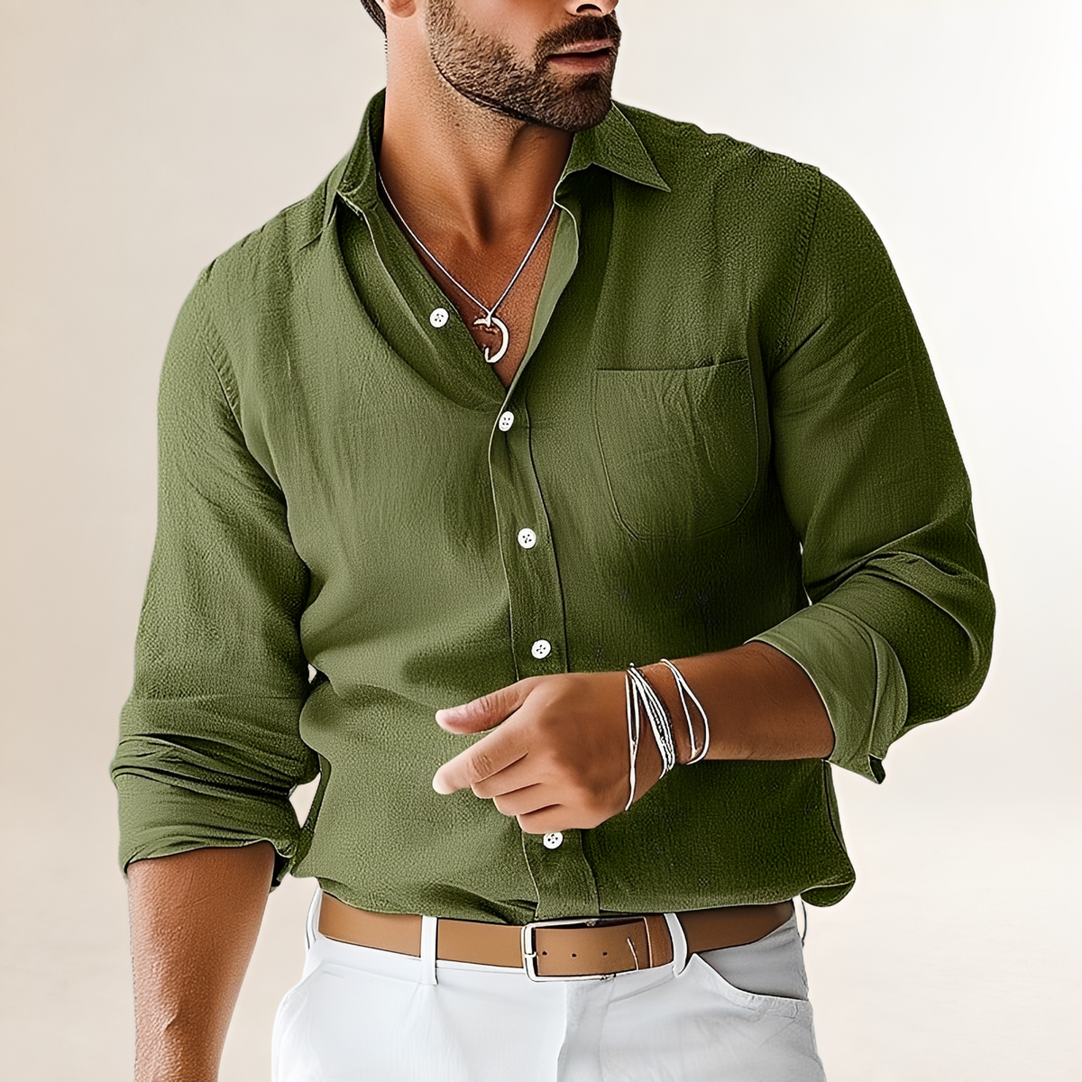 Shirt Men Long Sleeve Casual Button-Up with Chest Pocket - Regular Fit