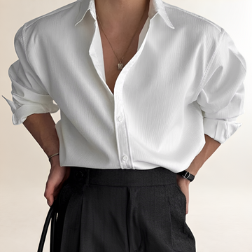 Shirt Men Long Sleeve Pleated Design - Relaxed Fit