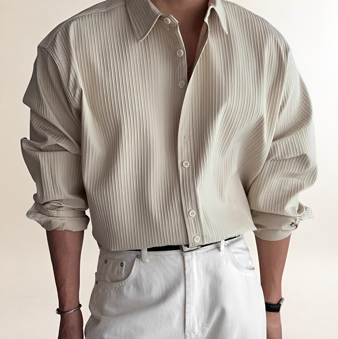 Shirt Men Long Sleeve Pleated Design - Relaxed Fit