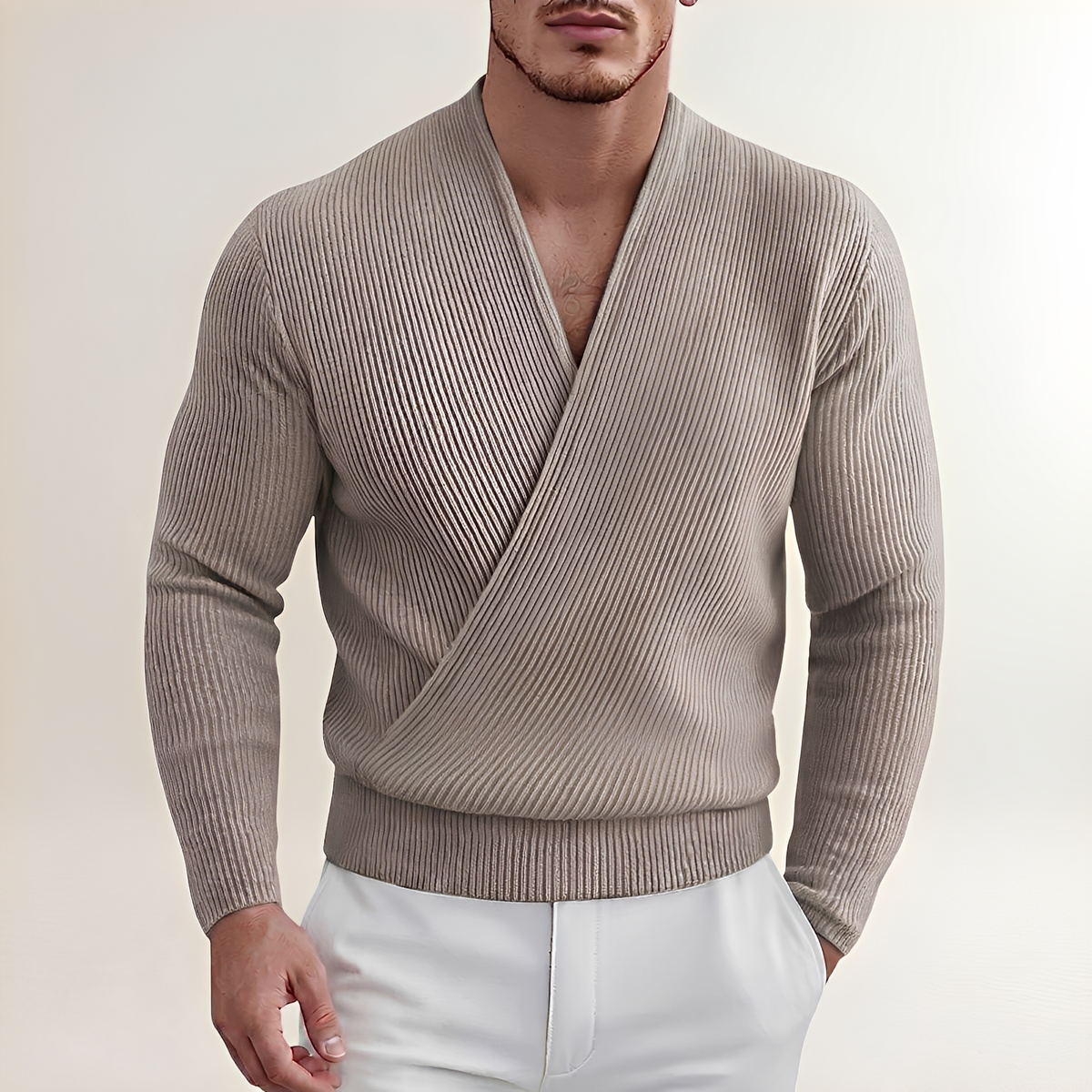 Shirts for Men - Ribbed Cross Placket Pullover Sweater with Long Sleeves