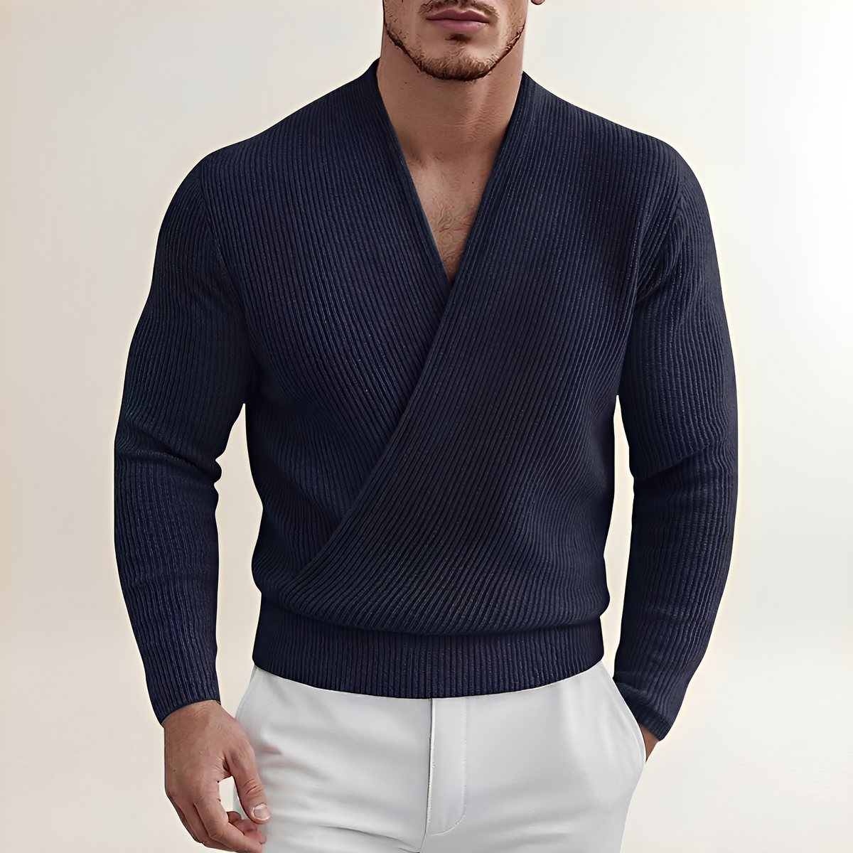 Shirts for Men - Ribbed Cross Placket Pullover Sweater with Long Sleeves