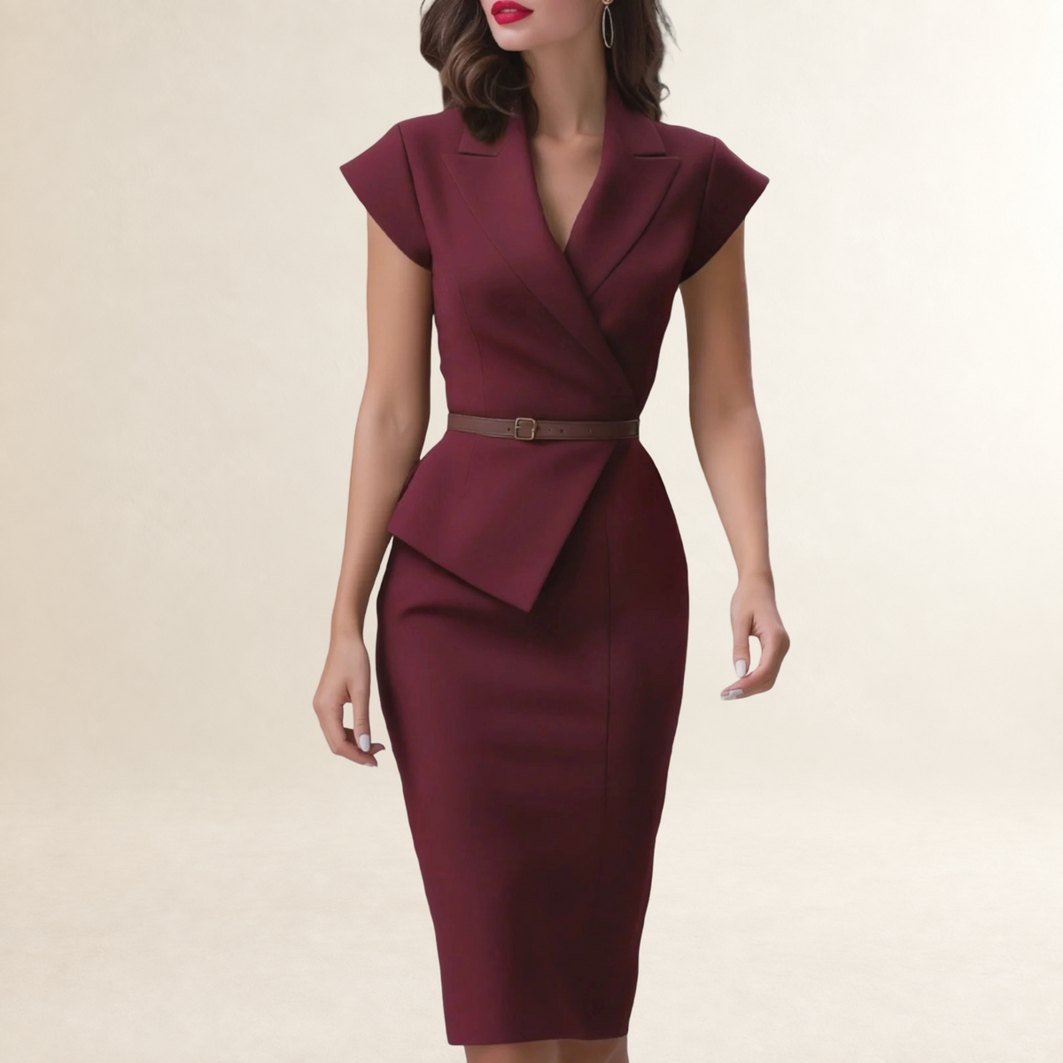 Short Sleeve Midi Dress for Women Blazer-Style Wrap Bodice Belted Waist Tailored Fit