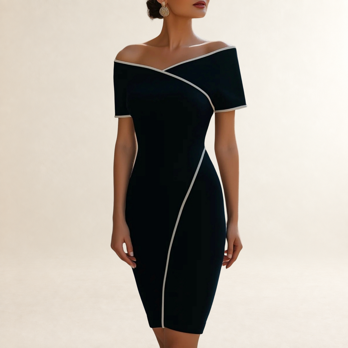 Short Sleeve Off-Shoulder Sheath Dress for Women with Contrast Trim and Tailored Fit