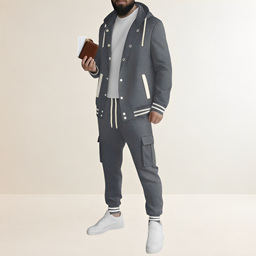 Sports Set for Men - Hooded Jacket with Button Closure and Cargo Pants