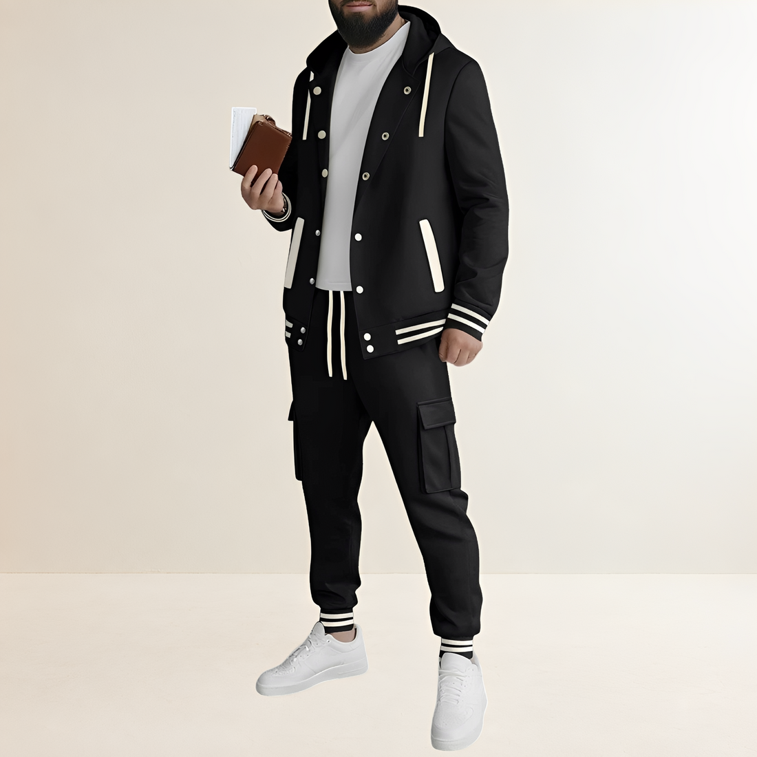 Sports Set for Men - Hooded Jacket with Button Closure and Cargo Pants