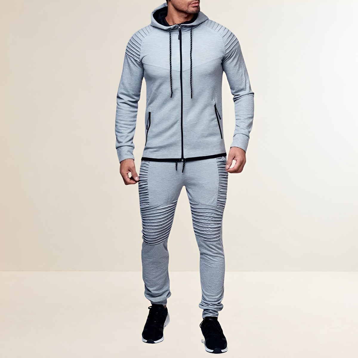 Sports Set for Men with Zip Hoodie and Jogger Pants - Slim Fit, Ribbed Design
