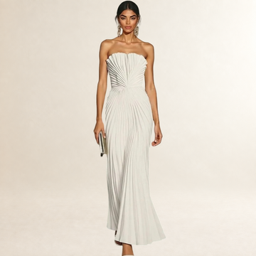 Strapless Midi Dress for Women - Pleated Design, Fitted Silhouette