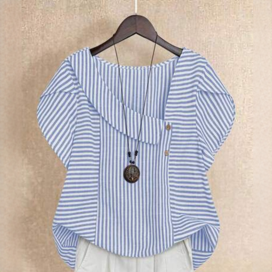 Striped Blouse for Women, Asymmetric Foldover Collar, Short Sleeve, Two-Button Placket, Relaxed Fit