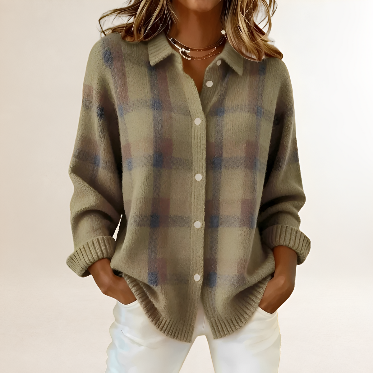 Stylish Cardigan for Women - Plaid Pattern with Button Closure and Relaxed Fit