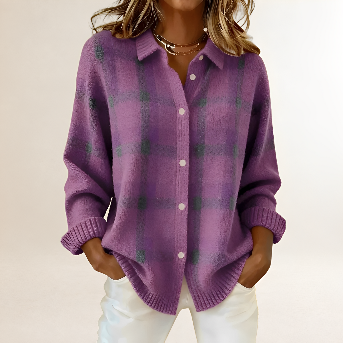 Stylish Cardigan for Women - Plaid Pattern with Button Closure and Relaxed Fit