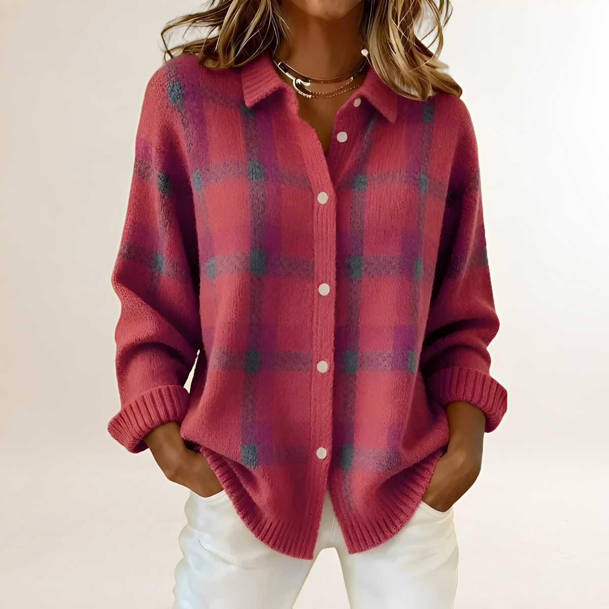 Stylish Cardigan for Women - Plaid Pattern with Button Closure and Relaxed Fit