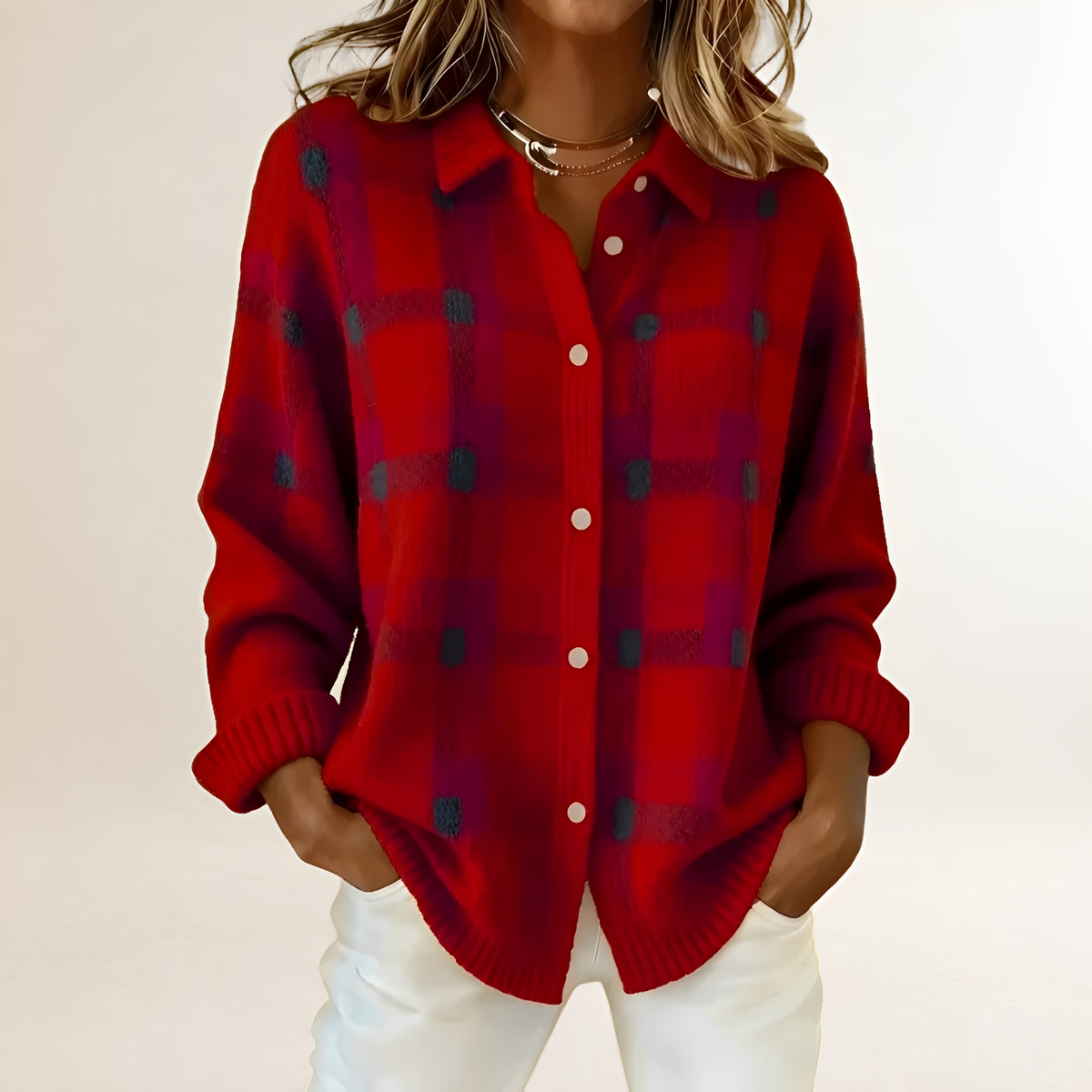 Stylish Cardigan for Women - Plaid Pattern with Button Closure and Relaxed Fit