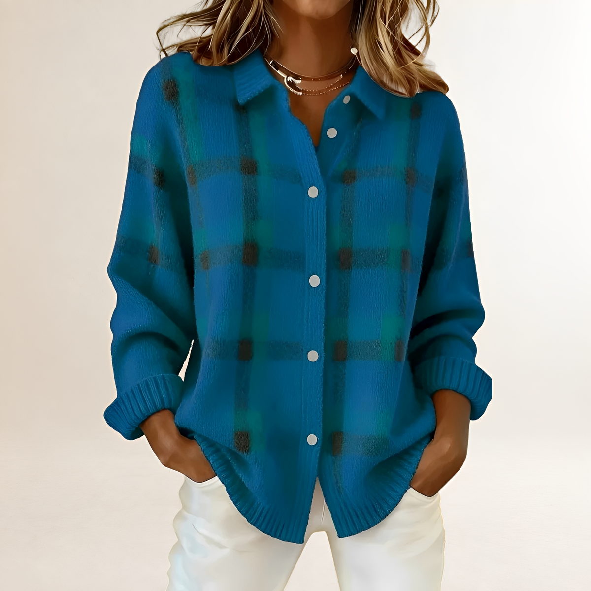 Stylish Cardigan for Women - Plaid Pattern with Button Closure and Relaxed Fit