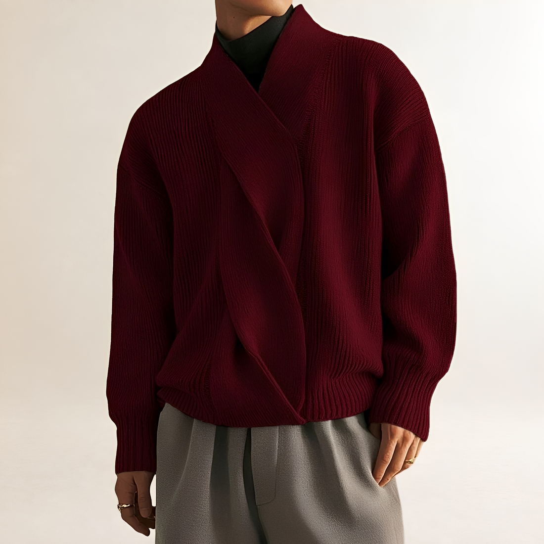 Sweater for Men - Wrap Design with Ribbed Texture and Long Sleeves