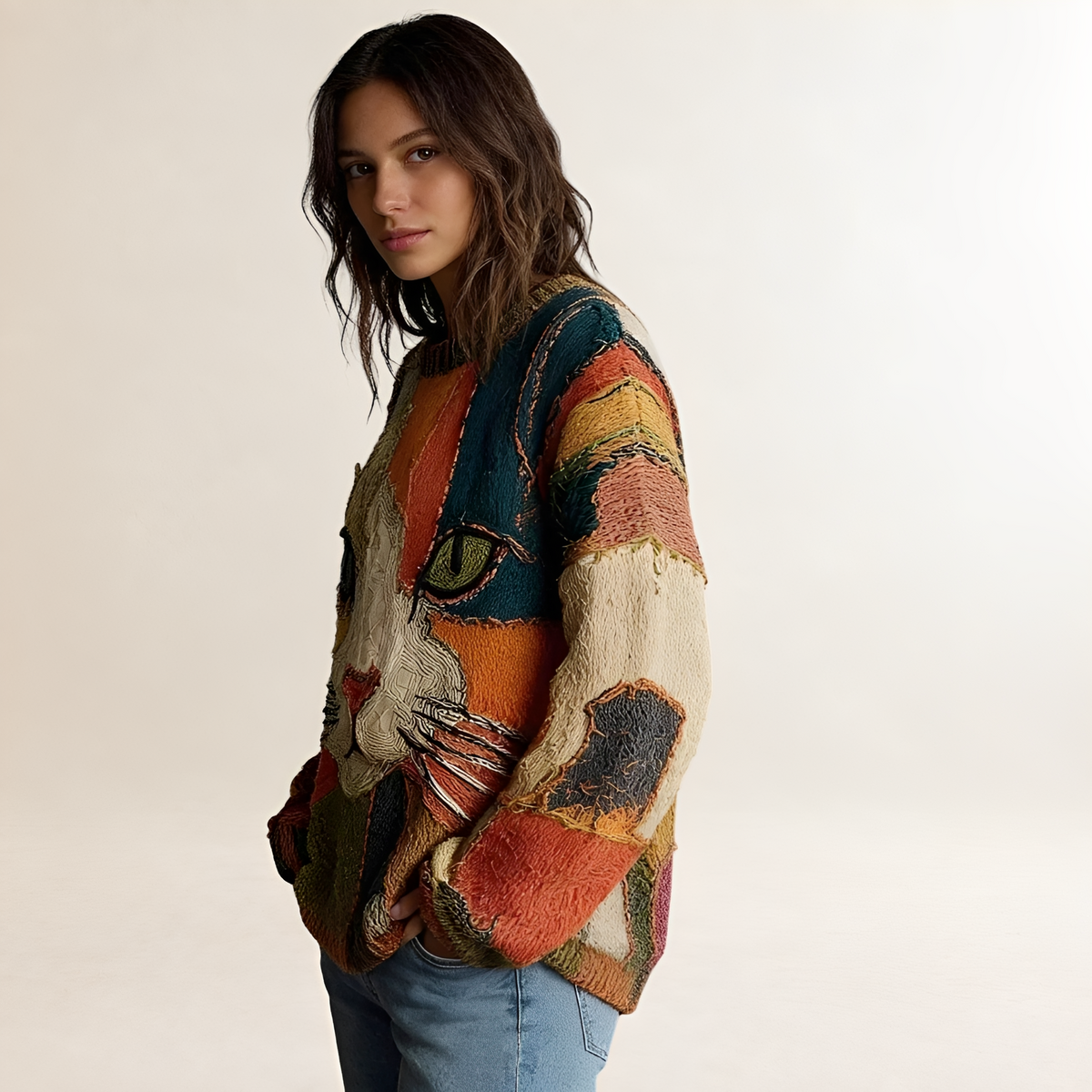 Sweater for Women - Artistic Cat Design with Relaxed Fit and Colorful Pattern